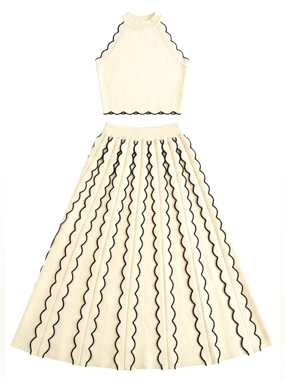 Cream Knit Two Piece Set Scalloped Halter Crop Top Wavy Stripe Midi Skirt Size M - Picture 5 of 11